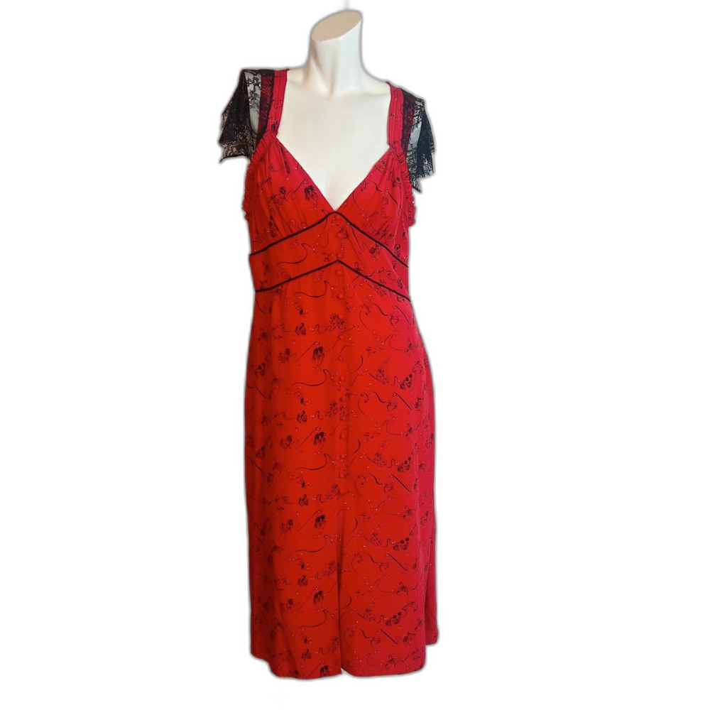 Tanya Taylor Silk Zodiac Print Kara Midi Dress Red Black Lace Cap Sleeves Size 8